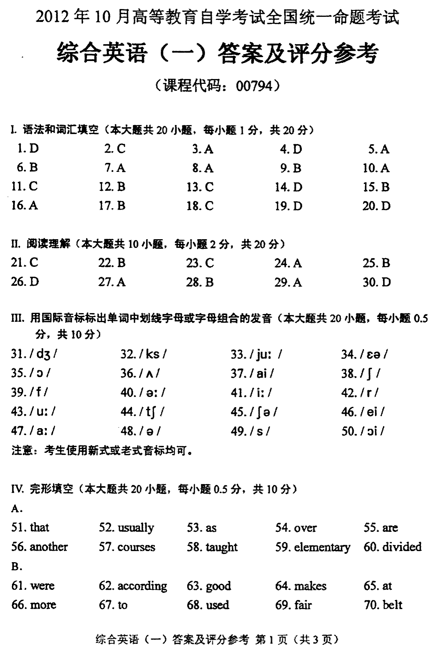 2012年10月全国自考综合英语（一）试卷参考答案