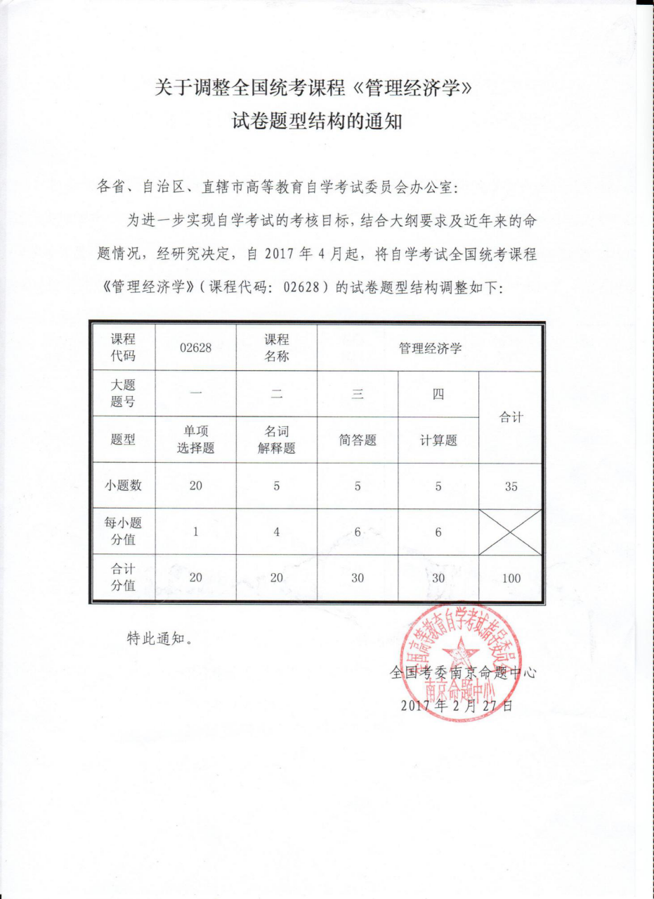 关于调整全国统考课程《管理经济学》试卷题型结构的通知.png